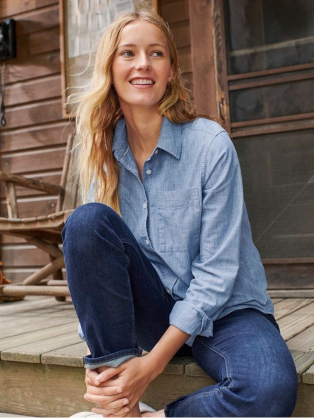 L.L. Bean Women's Essential Cotton Shirt, Chambray Long Sleeve Size XL Petite